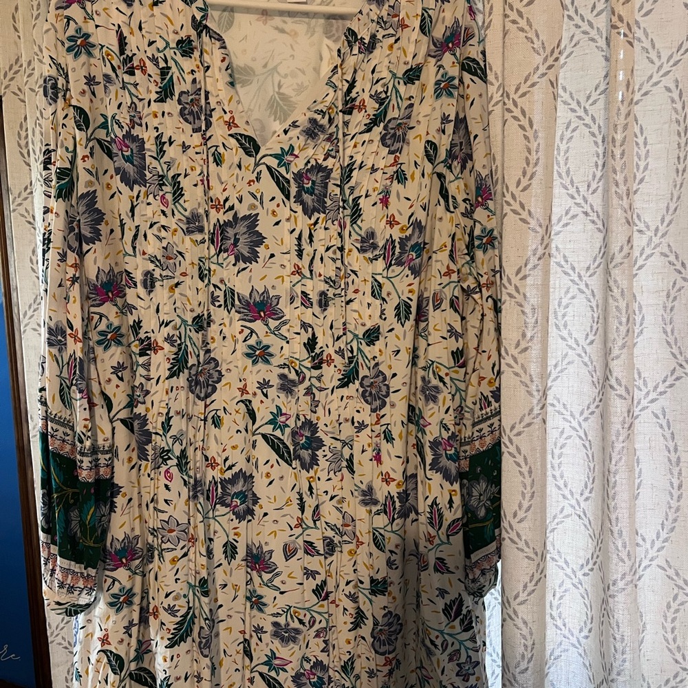 Old Navy Cream and Blue Buttoned Dress with Bishop Sleeves